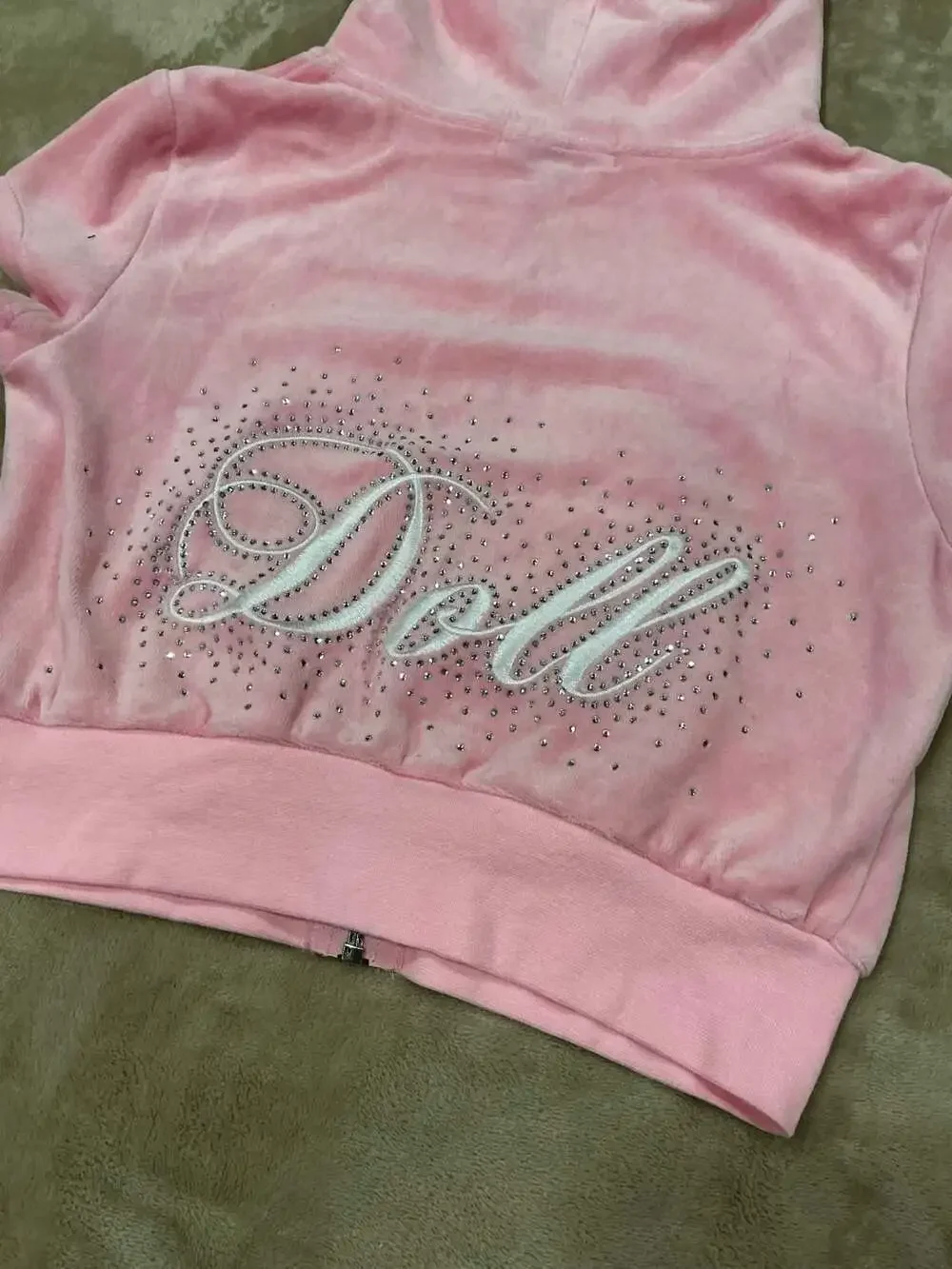 HNO Manor NWT Velvet Pink Rhinestone Doll Short Sleeve Velour Hoodie SIZE XS - Picture 5 of 5